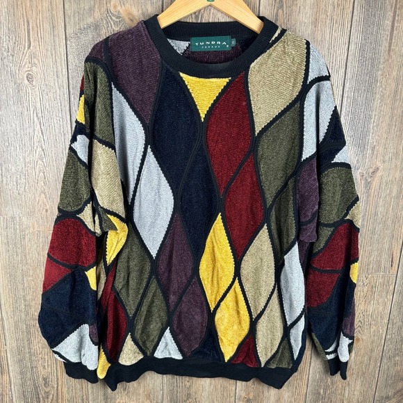 Tundra Canada Vintage 3D Textured Knit Sweater Mens XL Multicolor Geometric